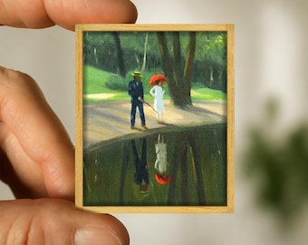Miniature painting Couple by the Water by Félix Vallotton - romantic canvas reproduction - handmade wood frame - miniature art gift