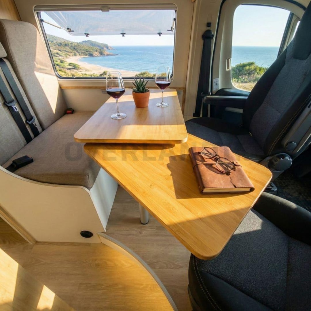 Doppelter Bambustisch für Wohnmobil oder Camper mit Drehfuß