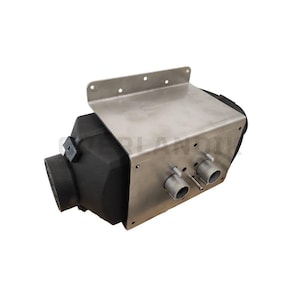 May include: A silver metal heater with a black plastic housing and two metal pipes. The heater has a rectangular shape and is mounted on a wall.