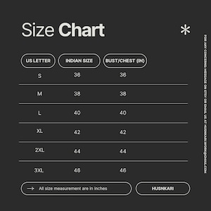 May include: Size chart for clothing with columns for US letter size, Indian size, and bust/chest in inches. The chart shows sizes from S to 3XL with corresponding measurements.