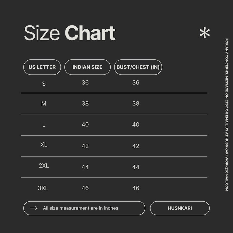 May include: Size chart for clothing with columns for US letter size, Indian size, and bust/chest in inches. The chart shows sizes from S to 3XL with corresponding measurements.
