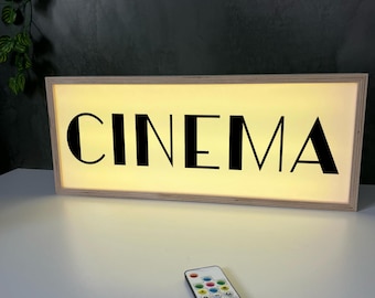 Retro Cinema Light Box Sign | Home Theater Decor | Man Cave Wall Light | Wooden LED Lightbox | Plug & Play Movie Room Sign