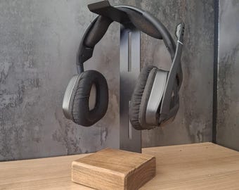 Wood and Metal Headphone Stand – Modern Rustic Desk Organizer for Headphones – Handmade, Unique Gift for Music Lovers & Gamers – Stylish