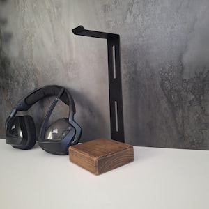 Wood and Metal Headphone Stand – Modern Rustic Desk Organizer for Headphones – Handmade, Unique Gift for Music Lovers & Gamers – Stylish