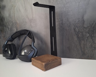 Soporte para auriculares de madera y metal: organizador de escritorio rústico moderno para auriculares. Hecho a mano, un regalo único para amantes de la música y gamers. Elegante.