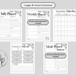 Black & White Floral Planner Set: Daily, Weekly, Monthly (Digital Download)