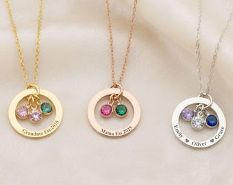 Personalized Gold Birthstone Necklace Women Name Necklace with Birthstone Circle Necklace Message Engraved on Circle Silver Engraved Jewelry