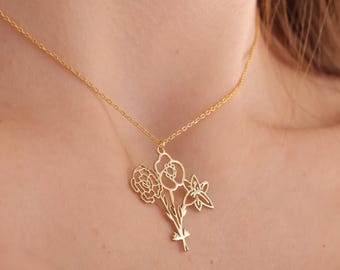 Family Birth flower Necklace, Multiple Birth Flower Bouquet Necklace, Personalized Birthday Gifts, Birth Month Flower Necklace, Gift for her