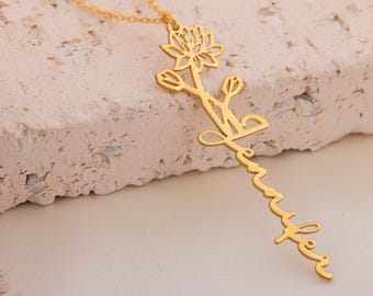 Birth Flower Name Necklace, Sterling Silver Name Necklace with Birth Flower Floral Name Necklace Personalized Birthday Flower Christmas Gift