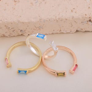 Duo Baguette Birthstone Ring, 24K Gold Plated Sterling Silver Adjustable Personalized Gemstone Ring, Two Birthstone Open Ring Gift for Her