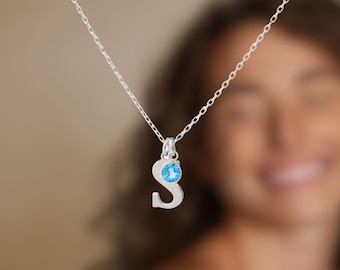 Initial Necklace with Birthstone, Birthstone Necklace Gold, Custom Letter Necklace, Personalized Jewelry Gift for Mom, Christmas Gift