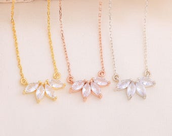 Marquise Diamond Necklace 24K Gold Plated 925 Silver, Dainty Minimalist and Flower Petal Diamond Necklace, Bridesmaid Necklace, Gift for Her