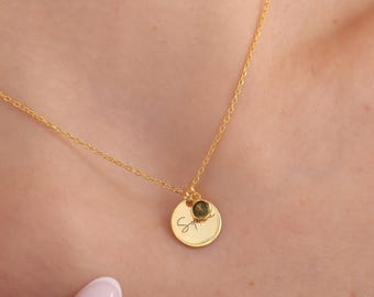 Personalized Birthstone Name Necklace Gold Plated Sterling Silver Engraved Disc Necklace, Birthstone Necklace for Mom, Mothers Day Gift