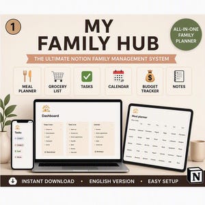 Peut inclure: Un système de gestion familiale numérique intitulé My Family Hub, affiché sur un smartphone, un ordinateur portable et une tablette. L'interface présente des icônes pour la planification des repas, les listes de courses, les tâches et le budget.