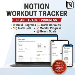 Peut inclure: Un suivi d'entraînement numérique Notion affiché sur un ordinateur portable, une tablette et un smartphone. L'interface comprend des sections pour le suivi de la forme physique, les statistiques, les records et les objectifs. Un badge doré indique BONUS OFFERED! 7-Day Muscle Building Program PUSH/PULL/LEGS Format.