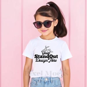White Gildan 5000B Youth Tshirt Mockup, Girl&#39;s Tee Modeled Mock-Up, Gildan 5000B kids White T-Shirt Mockup, G5000B Youth Trendy girl Mockup