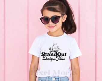 White Gildan 5000B Youth Tshirt Mockup, Girl's Tee Modeled Mock-Up, Gildan 5000B kids White T-Shirt Mockup, G5000B Youth Trendy girl Mockup