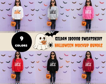 Gildan 18000B jeugd sweatshirt met ronde hals mockupbundel, mockupbundel Halloween-sweater, oversized G180B trendy, gezellige herfstherfsttrui mockup