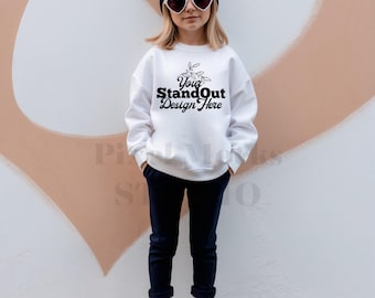 Gildan 18000B White Mockup, Youth 18000B Crewneck Sweatshirt Trendy Model Mockups, G180 White Sweater Girl Mockup, Gildan Sweatshirt Mockup