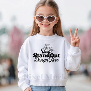 Gildan 18000B White Mockup, Youth 18000B Crewneck Sweatshirt Trendy Model Mockups, G180 White Sweater Girl Mockup, Gildan Sweatshirt Mockup