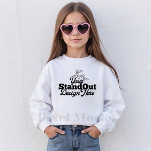 Gildan 18000B White Mockup, Youth 18000B Crewneck Sweatshirt Trendy Model Mockups, G180 White Sweater Girl Mockup, Gildan Sweatshirt Mockup