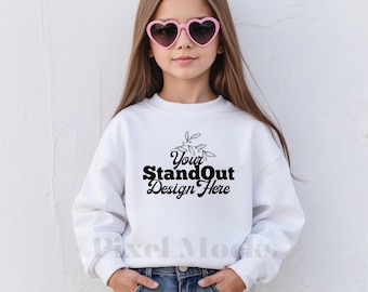 Gildan 18000B White Mockup, Youth 18000B Crewneck Sweatshirt Trendy Model Mockups, G180 White Sweater Girl Mockup, Gildan Sweatshirt Mockup