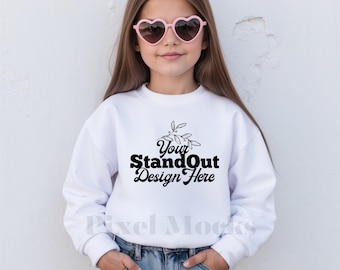 Gildan 18000B White Mockup, Youth 18000B Crewneck Sweatshirt Trendy Model Mockups, G180 White Sweater Girl Mockup, Gildan Sweatshirt Mockup