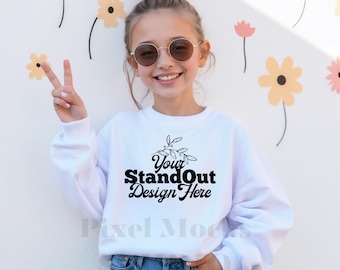Gildan 18000B White Youth Sweatshirt Mockup, G18000B Crewneck Trendy Model Mockup, G180 White Sweater Girl Mockup, Gildan Sweatshirt Mock-up