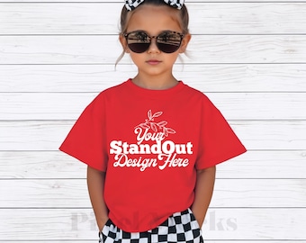 Gildan 5000B Red Youth Tshirt Mockup, G5000B Red T-shirt Girl Mock-up, Gildan Simple Trendy Minimal Tee Shirt Girl Model Mockup