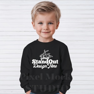 RABBIT SKINS 3317 Toddler Black Fleece Sweatshirt Mockup, Kids Crewneck Sweater Mockup Diverse Mockup RS 3317 Sweatshirt boy Model Mockups