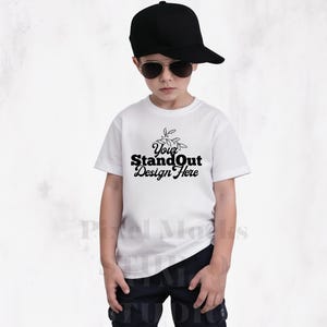 White Comfort Colors 9018 Youth Tee Model Mockup, CC9018 White T-Shirt Boy Model Mock-up, Trendy CC9018 Kids Shirt Simple Trendy Model Mock