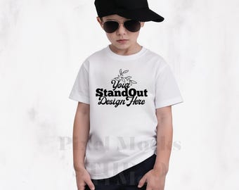 White Comfort Colors 9018 Youth Tee Model Mockup, CC9018 White T-Shirt Boy Model Mock-up, Trendy CC9018 Kids Shirt Simple Trendy Model Mock