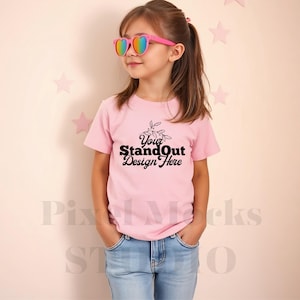 Pink Bella Canvas 3001Y Tshirt Mockup, Girl&#39;s Tee Modeled Mock-Up, Bella Canvas kids Pink T-Shirt Mockup, BC 3001Y Youth Model Trendy Mockup