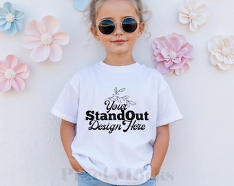 Bella Canvas 3001Y White Tshirt Mockup, Girl's Tee Modeled Mock-Up, Bella Canvas kids White T-Shirt Mockup, BC3001Y Trendy Girl Shirt Mockup