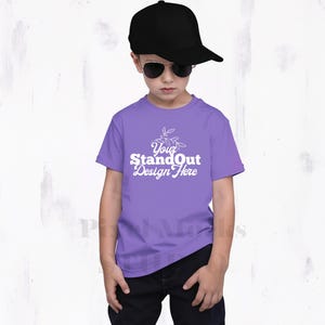 Violet Comfort Colors 9018 Youth Tee Model Mockup, CC9018 Violet T-Shirt Boy Model Mock-up Trendy CC9018 Kids Shirt Simple Trendy Model Mock