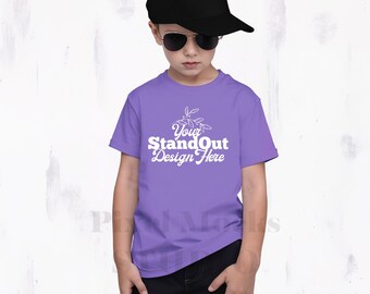 Violet Comfort Colors 9018 Youth Tee Model Mockup, CC9018 Violet T-Shirt Boy Model Mock-up Trendy CC9018 Kids Shirt Simple Trendy Model Mock