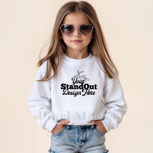 Gildan 18000B White Mockup, Youth 18000B Crewneck Sweatshirt Trendy Model Mockups, G180 White Sweater Girl Mockup, Gildan Sweatshirt Mockup