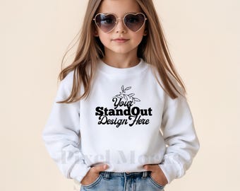 Gildan 18000B White Mockup, Youth 18000B Crewneck Sweatshirt Trendy Model Mockups, G180 White Sweater Girl Mockup, Gildan Sweatshirt Mockup