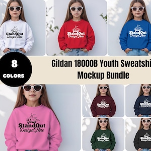 Gildan 18000B-sweater-mockupbundel, jeugd 18000B mock-upbundel met ronde hals, Gildan 18000B-sweatermodel-mockupbundel, trendy casual mockup