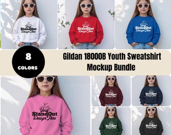 Gildan 18000B スウェットシャツ モックアップバンドル、ユース 18000B クルーネック モックアップバンドル、Gildan 18000B セーター モデル モックアップバンドル、Gildan POD モックアップ