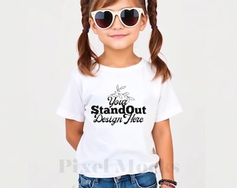 Comfort Colors 9018 Youth White Tee Model Mockup, CC9018 White T-Shirt Girl Model Mock-up, Trendy CC9018 Kids Shirt Model Mockup