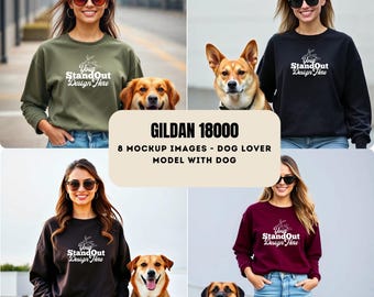 Gildan 18000 mockupbundel sweatshirtmodel mockup met hondenliefhebber, lifestyle vrouw met hond mockup, Gildan-sweatermodelbundel voor dames