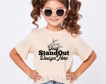 Bella Canvas 3001Y Natural Tshirt Mockup, Girl's Tee Modeled Mock-Up, Bella Canvas kids Beige T-Shirt Mockup, BC3001Y Trendy Girl Shirt Mock