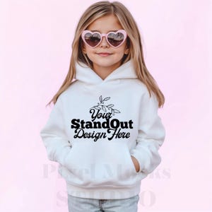 Gildan 18500B White Hoodie Mockup, Youth 18500B Hooded Sweatshirt girl Model Mock-up, Gildan 18500B Hoodie Neutral Styled Mockup