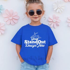 Bella Canvas 3001Y Royal Tshirt Mockup, Royal T-shirt BC 3001Y young Trendy girl Flower backdrop Trendy Mockup, Kids T-Shirt Summer mockup
