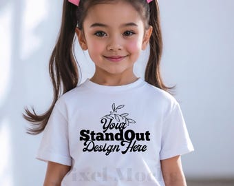 Comfort Colors 9018 Youth White Tee Model Mockup, CC9018 White T-Shirt Girl Model Mock-up, Trendy CC9018 Kids Shirt Model Mockup