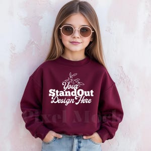 Gildan 18000B Maroon Mockup, Youth 18000B Crewneck Sweatshirt Trendy Model Mockups, G180 Maroon Sweater Girl Mockup Gildan Sweatshirt Mockup