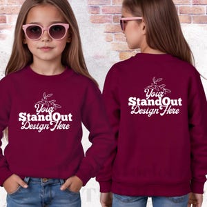 Kids Front & Back Gildan 18000B Youth Maroon Sweatshirt Mockup Model, G18000B Sweater Mock up Maroon POD Mockup, Trendy Dual Girl Mockup