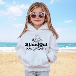 Gildan 18500B White Hoodie Mockup, Youth 18500B Hooded Sweatshirt girl Model Mock-up, Gildan 18500B Hoodie Neutral Styled Mockup