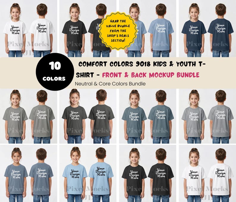 Butter Comfort Colors 9018 Youth Tshirt Front Back Mockup, CC9018 Girl ...